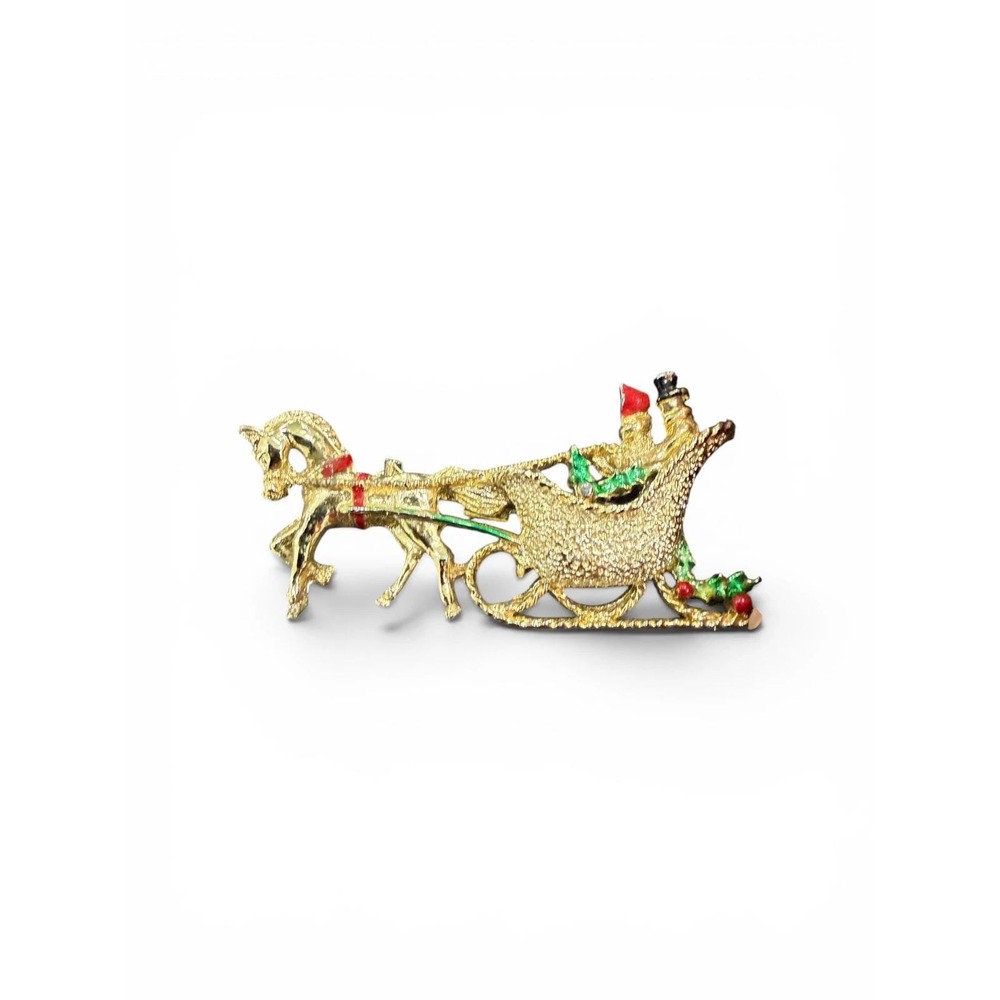 Vintage Gerry's Gold Tone Reindeer Sleigh Christmas Brooch Pin Red Green